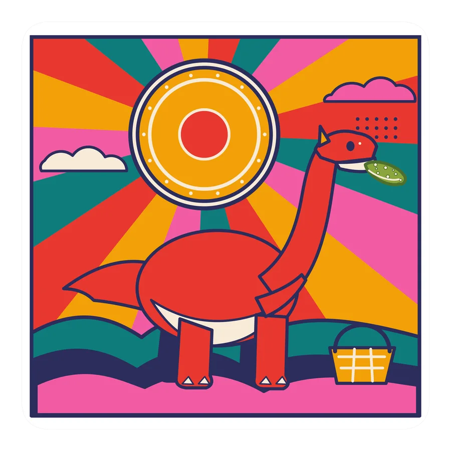 Mamenchisaurus — Eating a pickle dinosaur sticker, Sunrise Flats collection