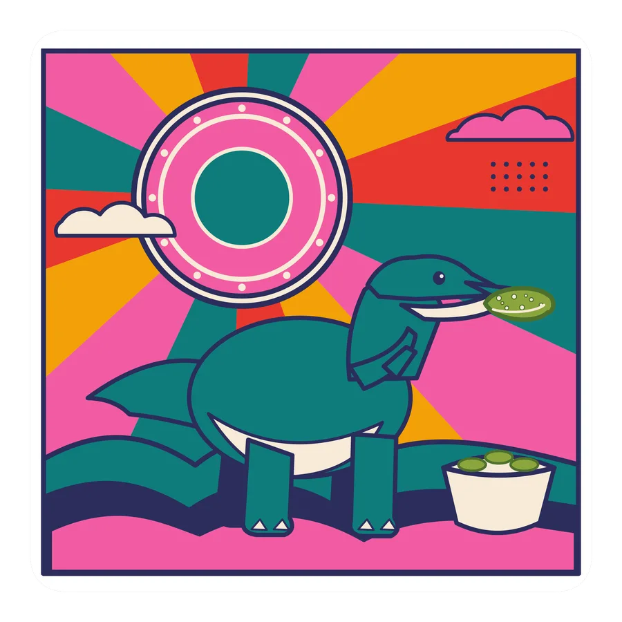 Ornithomimus — Eating a pickle dinosaur sticker, Sunrise Flats collection