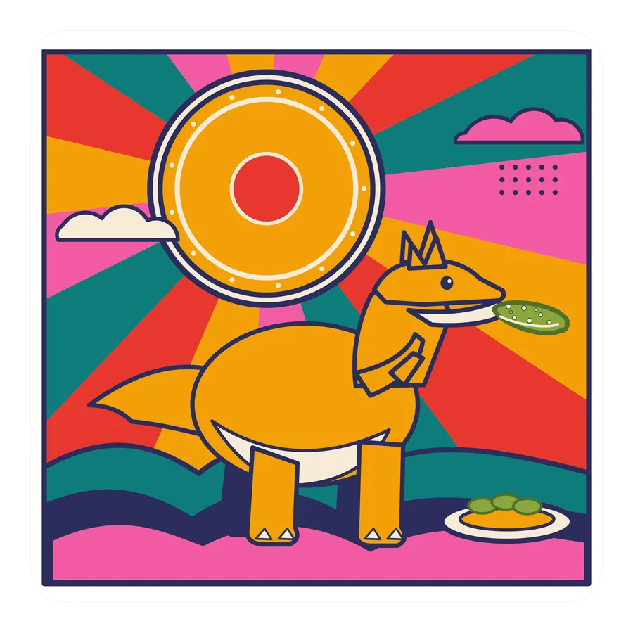 Oviraptor — Eating a pickle dinosaur sticker, Sunrise Flats collection