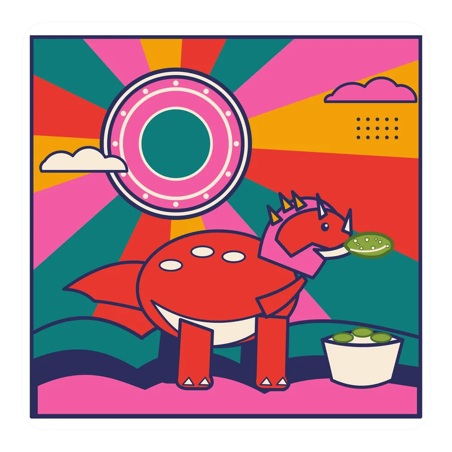 Pentaceratops — Eating a pickle dinosaur sticker, Sunrise Flats collection