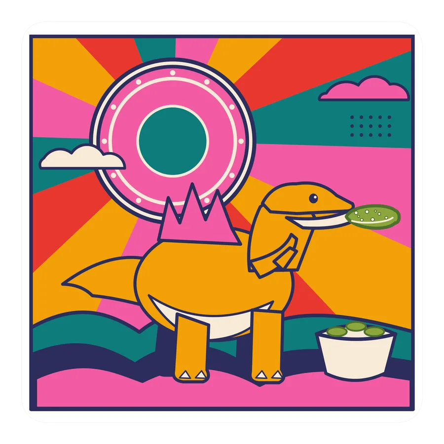 Spinosaurus — Eating a pickle dinosaur sticker, Sunrise Flats collection