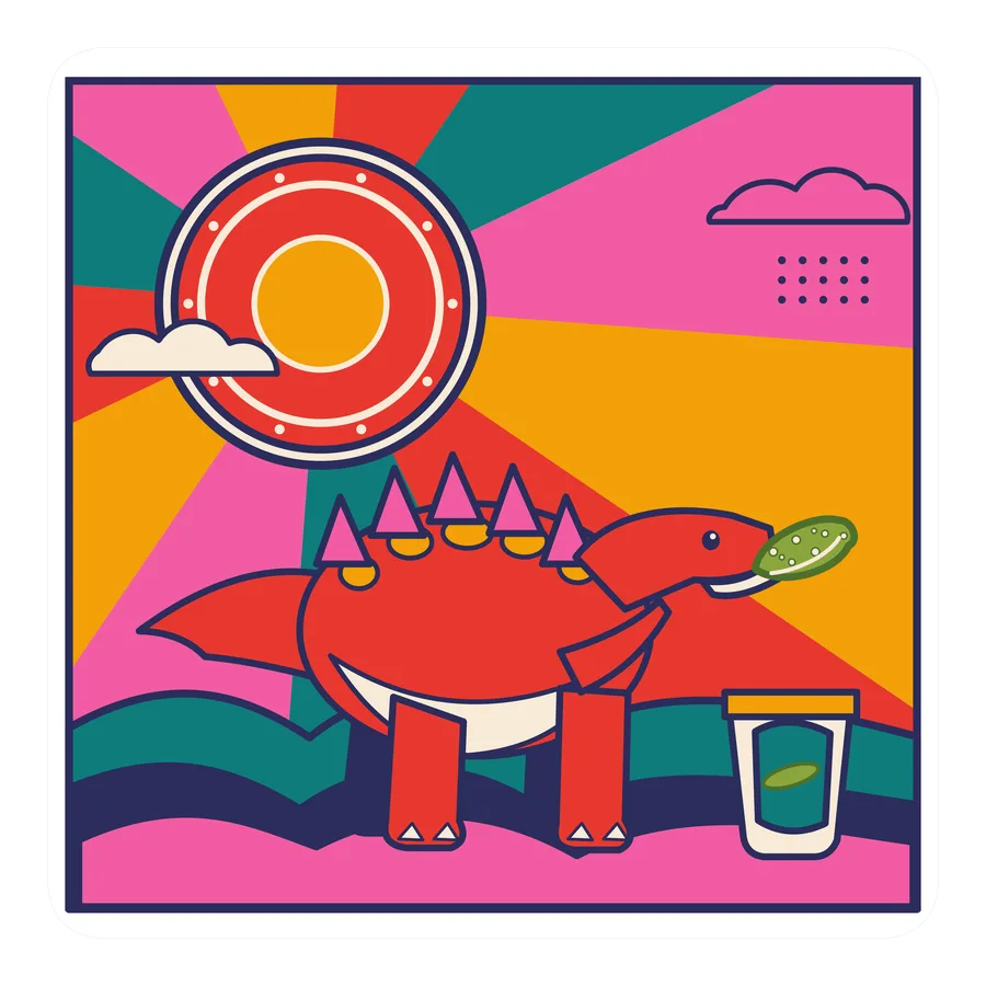 Stegosaurus — Eating a pickle dinosaur sticker, Sunrise Flats collection