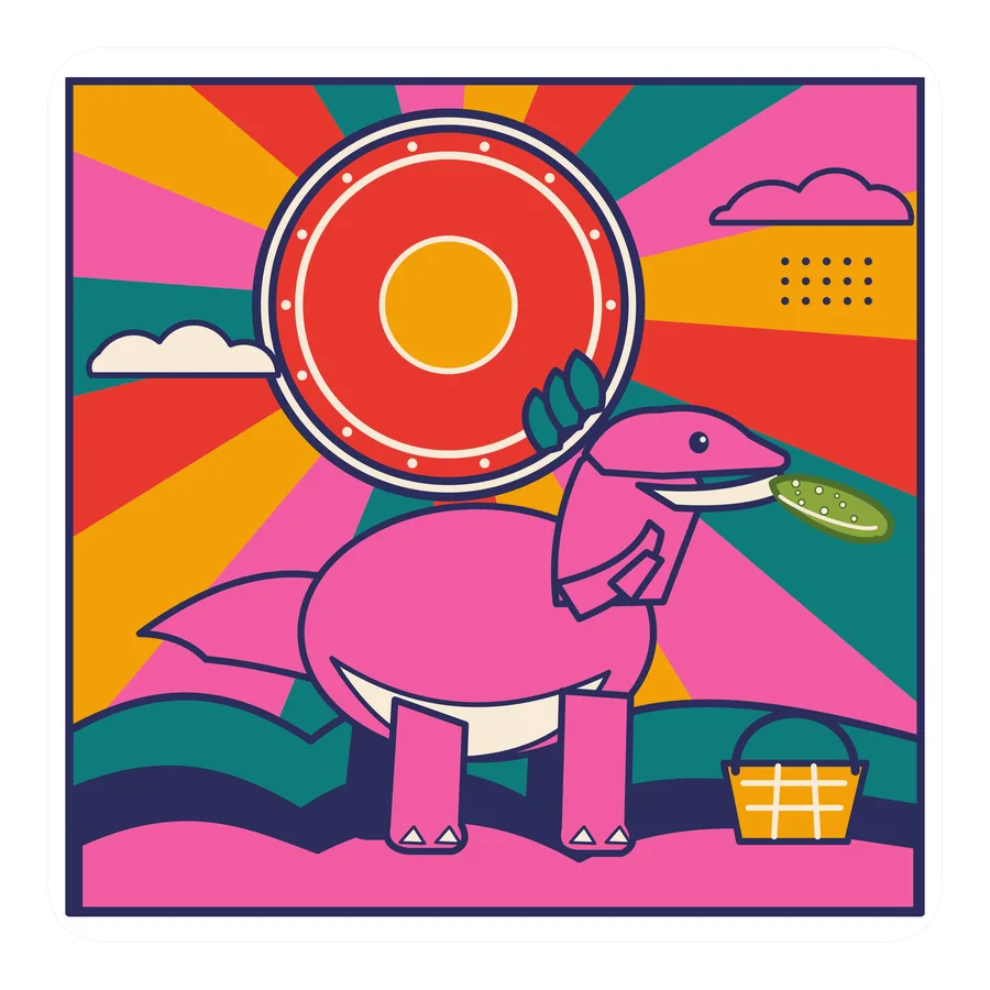 Troodon — Eating a pickle dinosaur sticker, Sunrise Flats collection