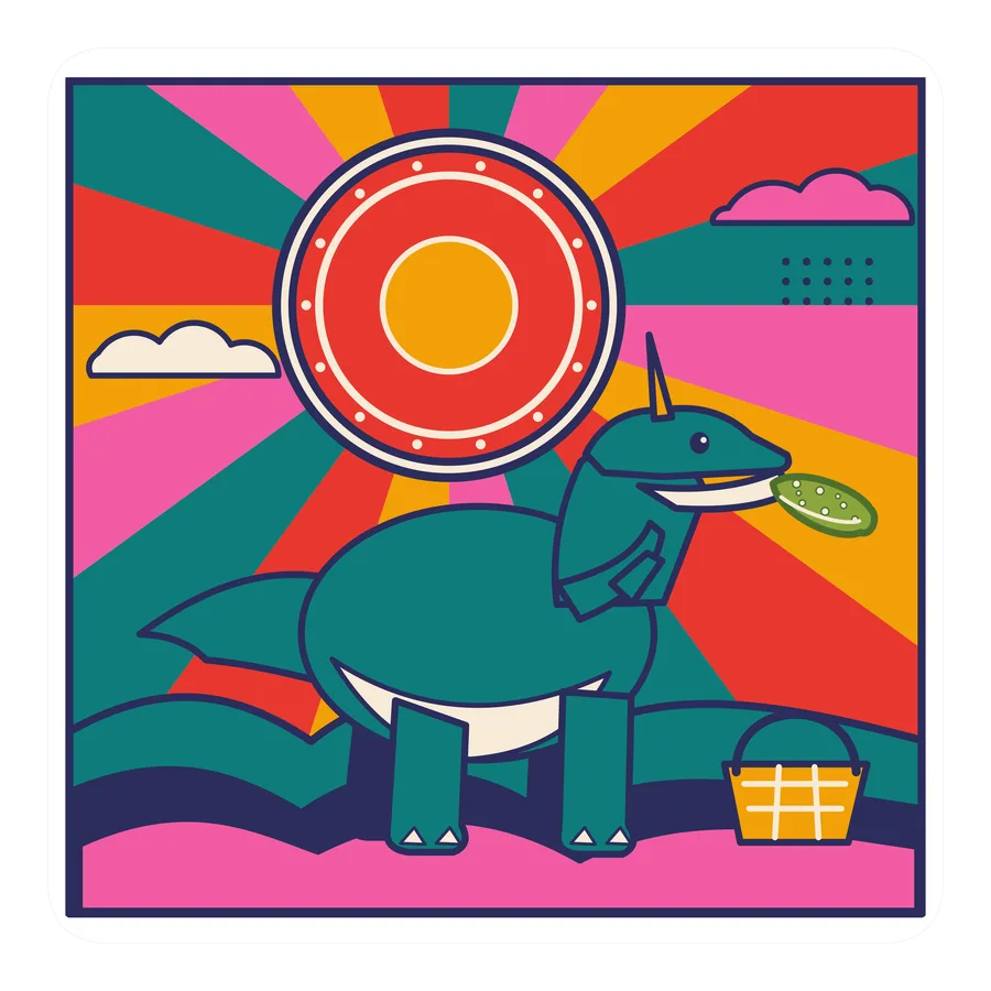 Tsintaosaurus — Eating a pickle dinosaur sticker, Sunrise Flats collection