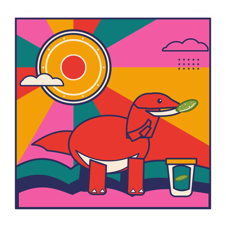 Tyrannosaurus — Eating a pickle dinosaur sticker, Sunrise Flats collection