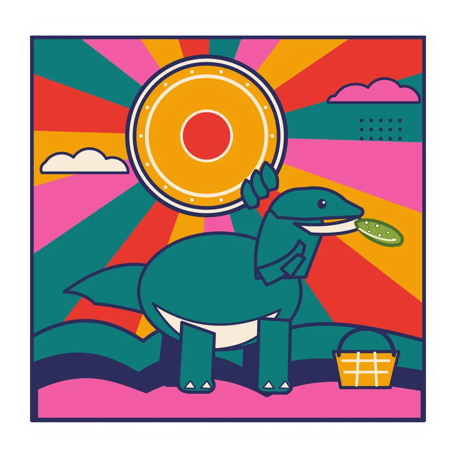 Utahraptor — Eating a pickle dinosaur sticker, Sunrise Flats collection