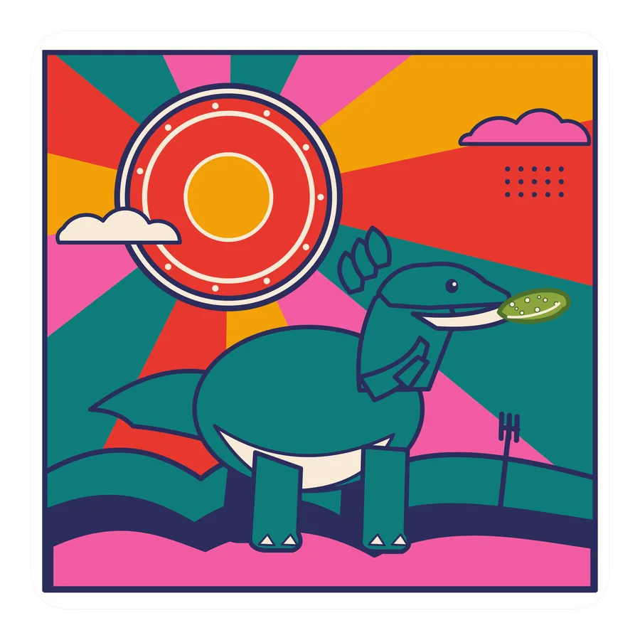 Velociraptor — Eating a pickle dinosaur sticker, Sunrise Flats collection