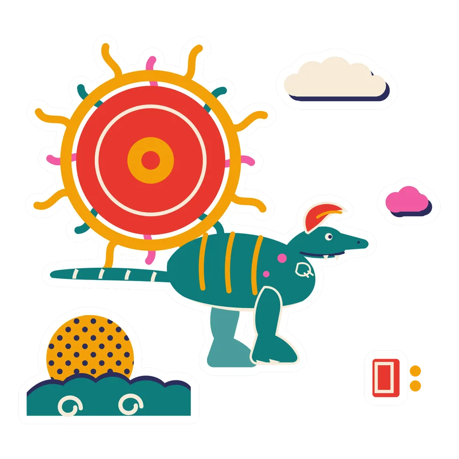 Monolophosaurus — Curved ray sun dinosaur sticker, Sunrise Flats collection