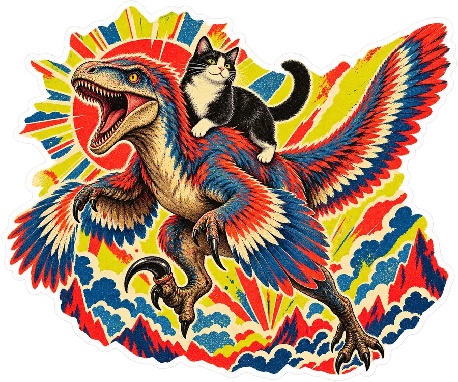 Velociraptor — With a cat dinosaur sticker, Cosmic Cats collection