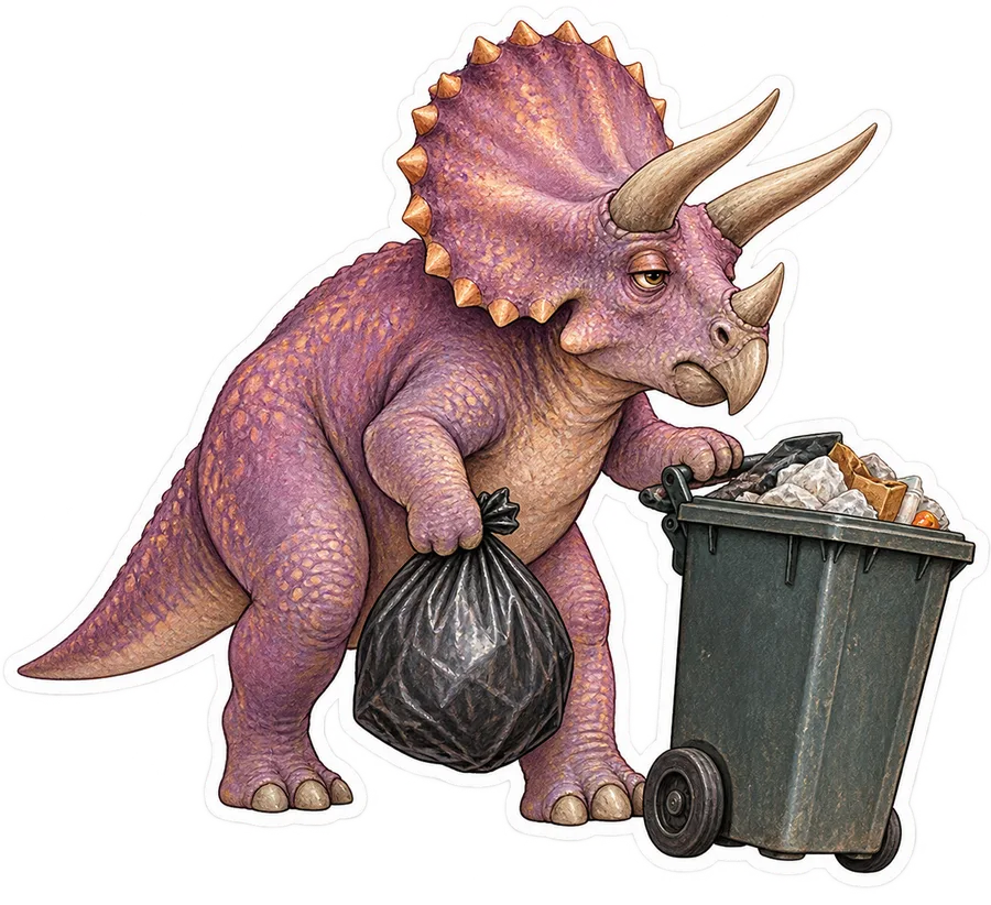 Triceratops — Taking out the trash: slowly wheeling a single dinosaur sticker, Storybook collection