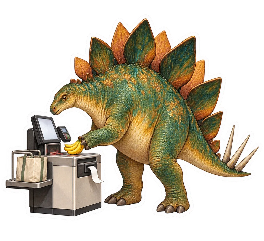 Stegosaurus — Using a grocery self-checkout to scan one bunch of bananas dinosaur sticker, Storybook collection