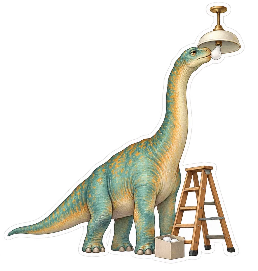 Brachiosaurus — Changing a light bulb in a simple dangling ceiling dinosaur sticker, Storybook collection