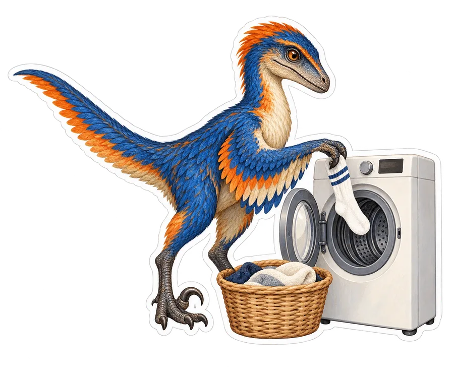 Velociraptor — At a laundromat dinosaur sticker, Storybook collection