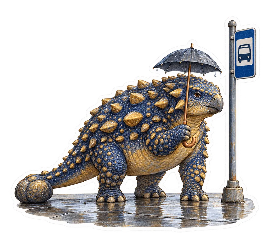 Ankylosaurus — Waiting for the bus in a light drizzle beneath an dinosaur sticker, Storybook collection