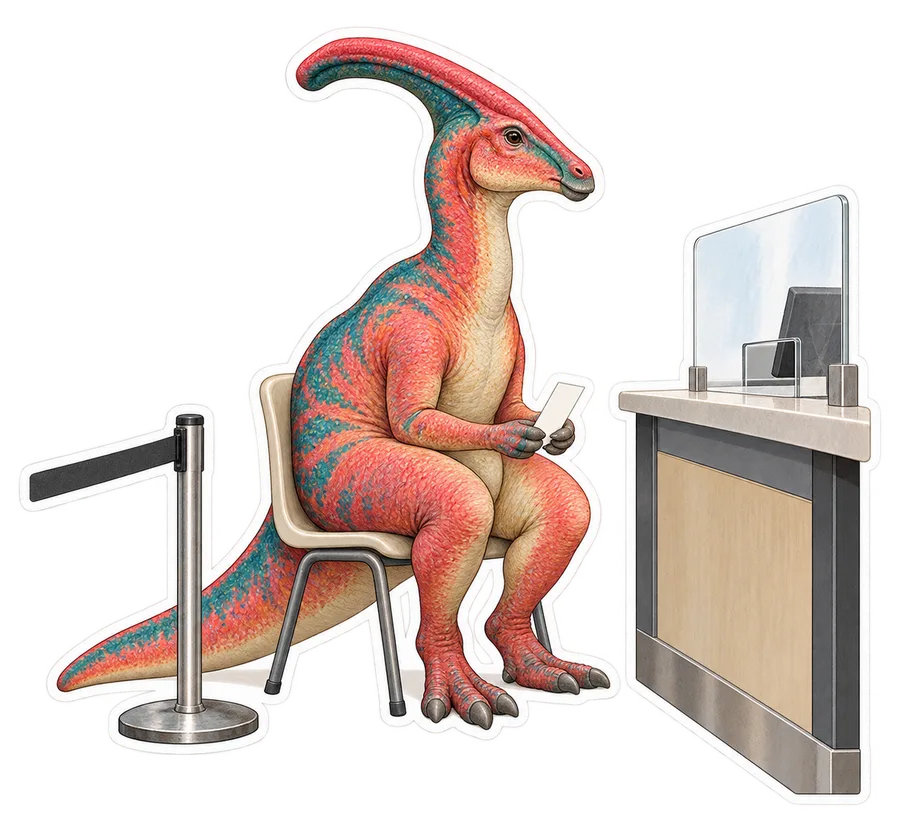 Parasaurolophus — Waiting at a government service counter dinosaur sticker, Storybook collection