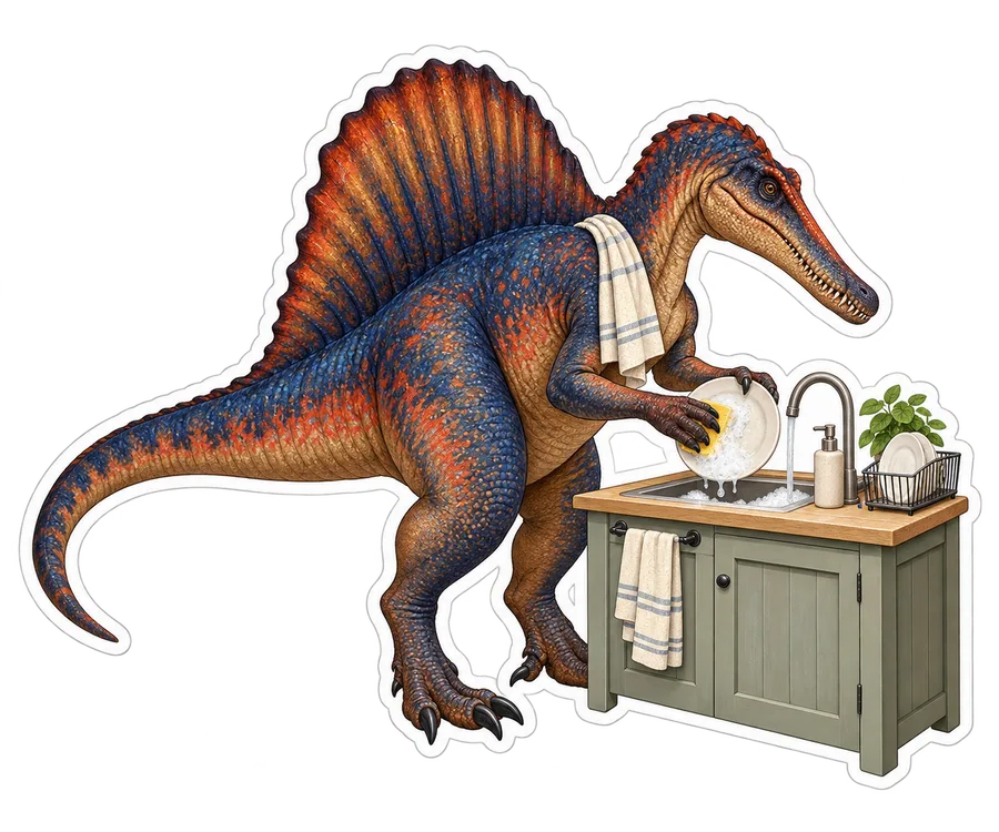 Spinosaurus — Washing a single dinner plate at a compact kitchen sink dinosaur sticker, Storybook collection