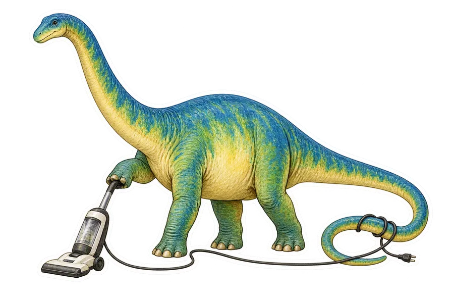 Diplodocus — Vacuuming a small patch of floor with a tiny upright dinosaur sticker, Storybook collection