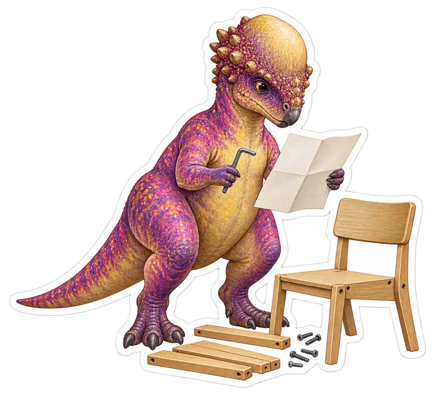 Pachycephalosaurus — Quietly assembling a flat-pack chair from a few wooden dinosaur sticker, Storybook collection