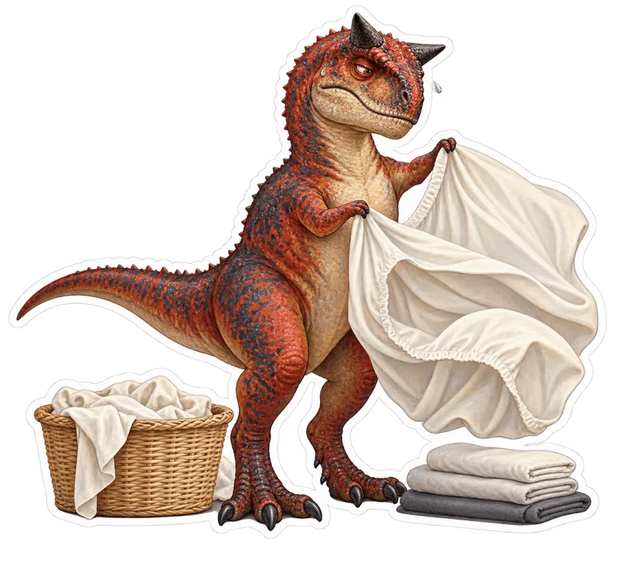 Carnotaurus — Trying to fold a fitted sheet with its comically tiny dinosaur sticker, Storybook collection