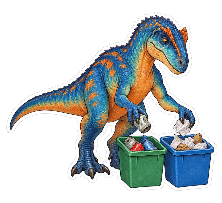 Allosaurus — Carefully sorting empty cans and paper into two small dinosaur sticker, Storybook collection