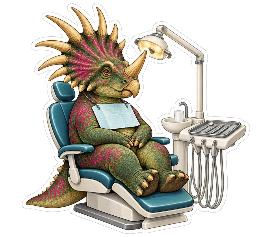 Styracosaurus — Sitting patiently in a dental chair wearing a tiny paper dinosaur sticker, Storybook collection