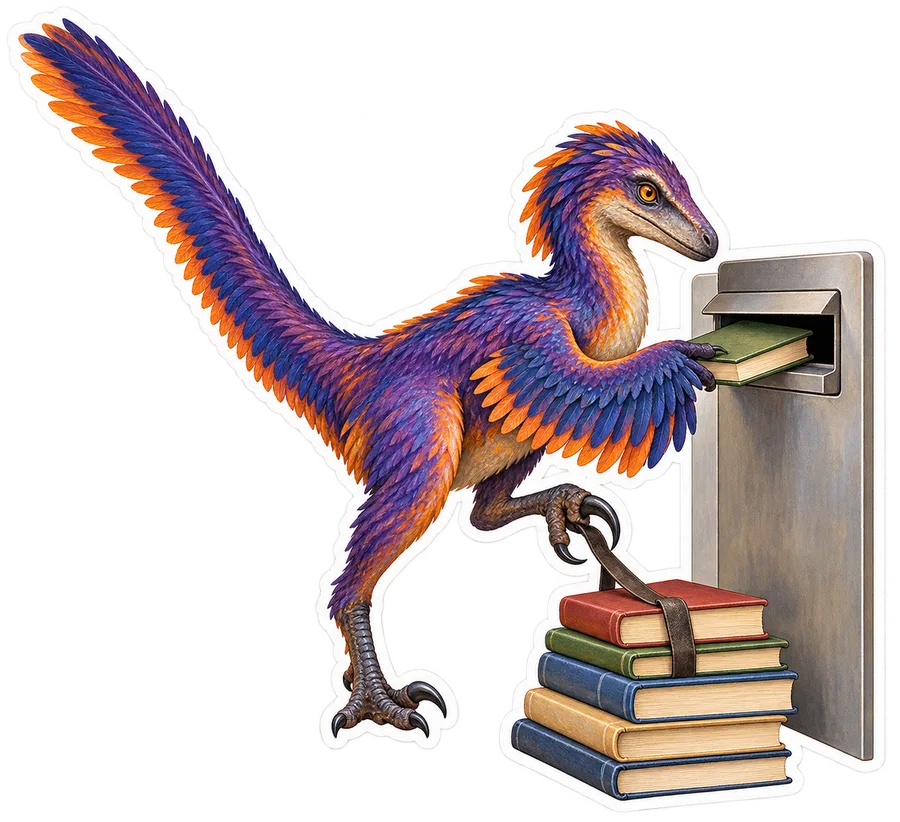 Deinonychus — Returning one book through a library return slot dinosaur sticker, Storybook collection