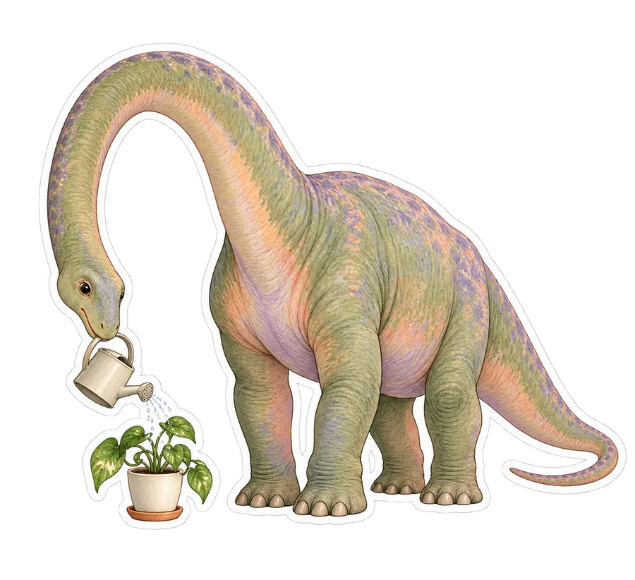 Apatosaurus — Watering one very small potted houseplant with a tiny dinosaur sticker, Storybook collection