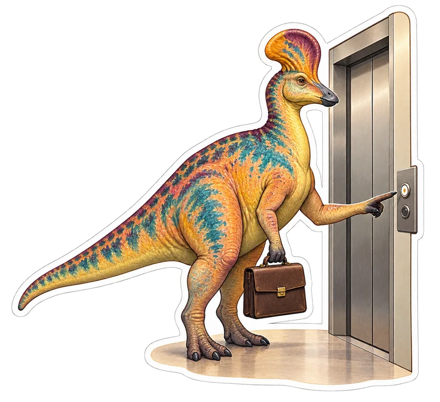 Corythosaurus — Waiting for a closed office elevator while holding a dinosaur sticker, Storybook collection