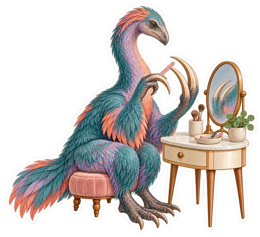 Therizinosaurus — Sitting at a little vanity and trying to file one of its dinosaur sticker, Storybook collection