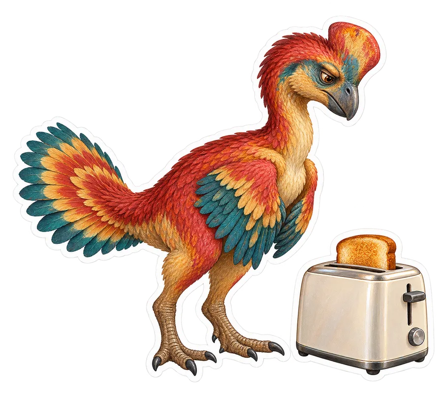 Oviraptor — Standing beside a compact kitchen toaster dinosaur sticker, Storybook collection