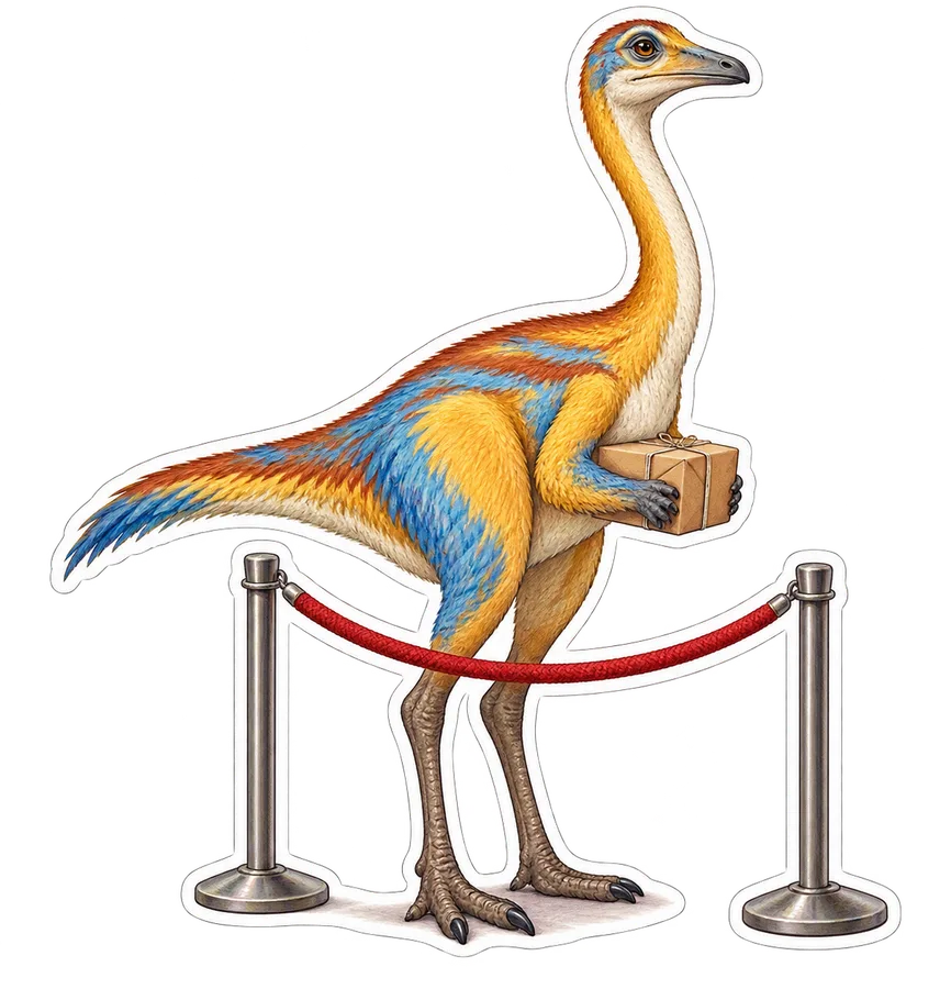 Gallimimus — Waiting in a slow post-office queue holding one tiny parcel dinosaur sticker, Storybook collection