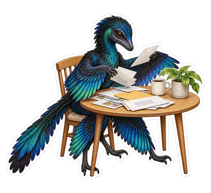 Microraptor — Sorting a small pile of dull envelopes and junk mail at a dinosaur sticker, Storybook collection