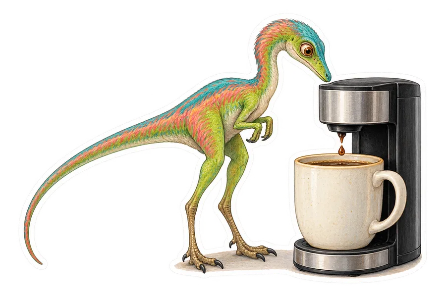 Compsognathus — Waiting for a single drop of coffee from a small dinosaur sticker, Storybook collection
