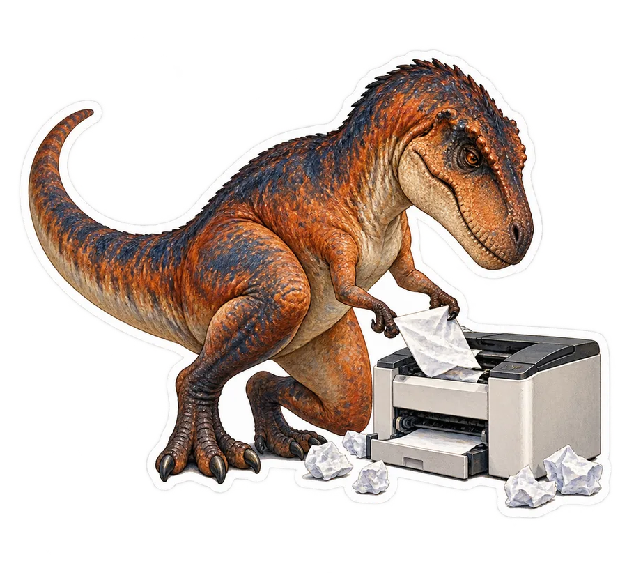 Albertosaurus — Kneeling beside a compact office printer and delicately dinosaur sticker, Storybook collection