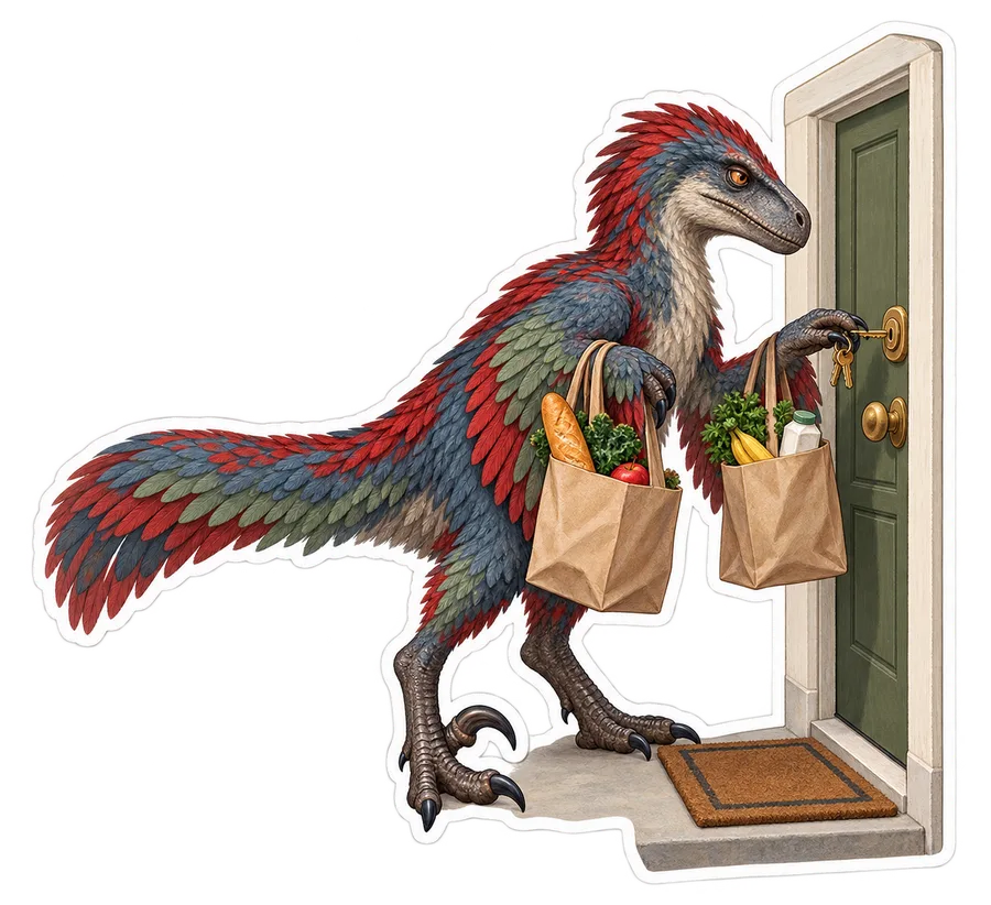 Utahraptor — Standing at a tiny apartment door trying to fit a key in dinosaur sticker, Storybook collection
