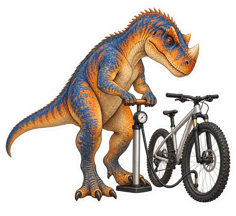 Ceratosaurus — Using a small hand pump to put air into a bicycle tire dinosaur sticker, Storybook collection