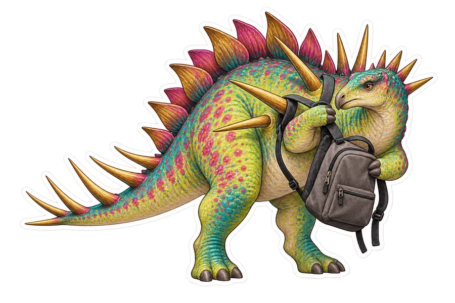Kentrosaurus — Trying to put on a plain commuting backpack dinosaur sticker, Storybook collection