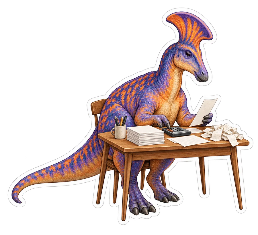 Lambeosaurus — Doing taxes at a small desk with a calculator dinosaur sticker, Storybook collection