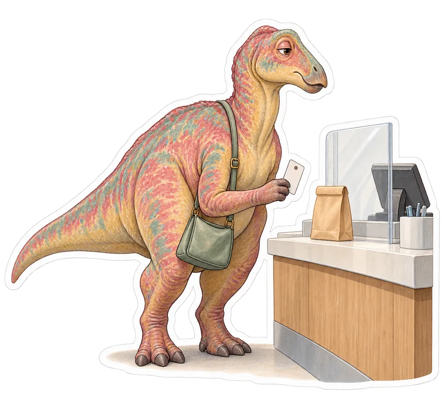 Maiasaura — Waiting at a pharmacy counter for a small plain dinosaur sticker, Storybook collection