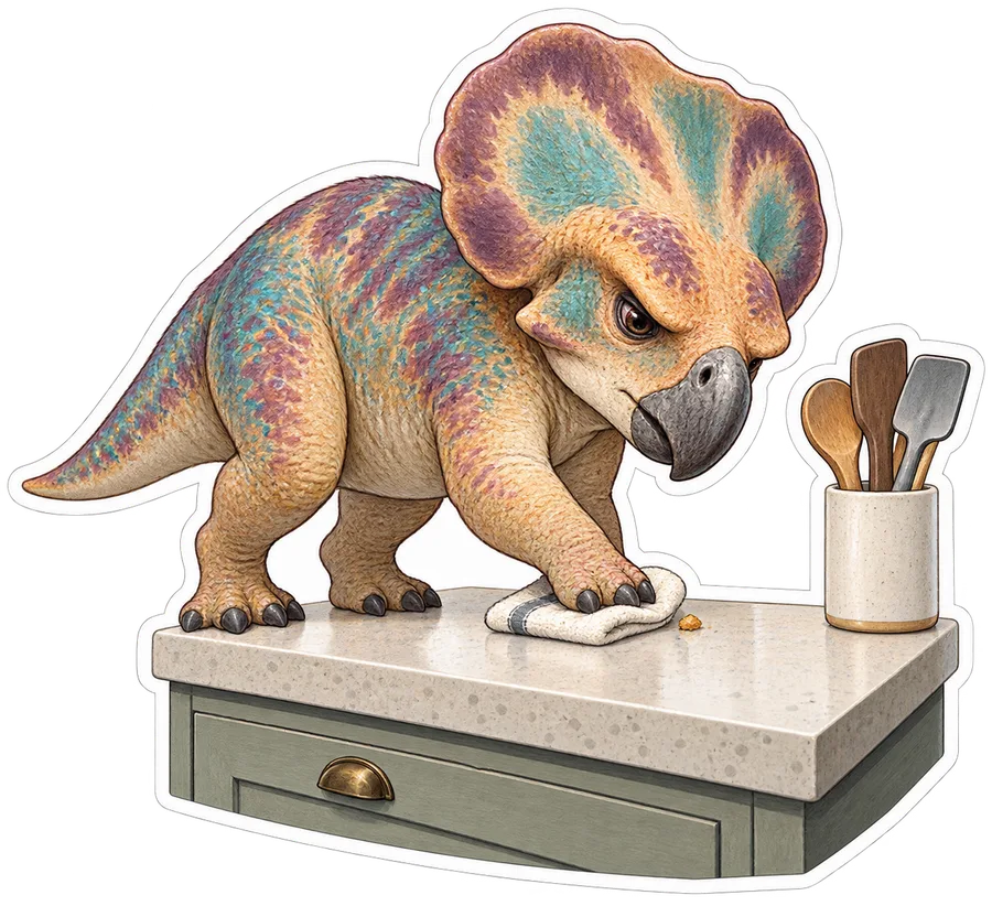 Protoceratops — Wiping a single crumb from a compact kitchen countertop dinosaur sticker, Storybook collection