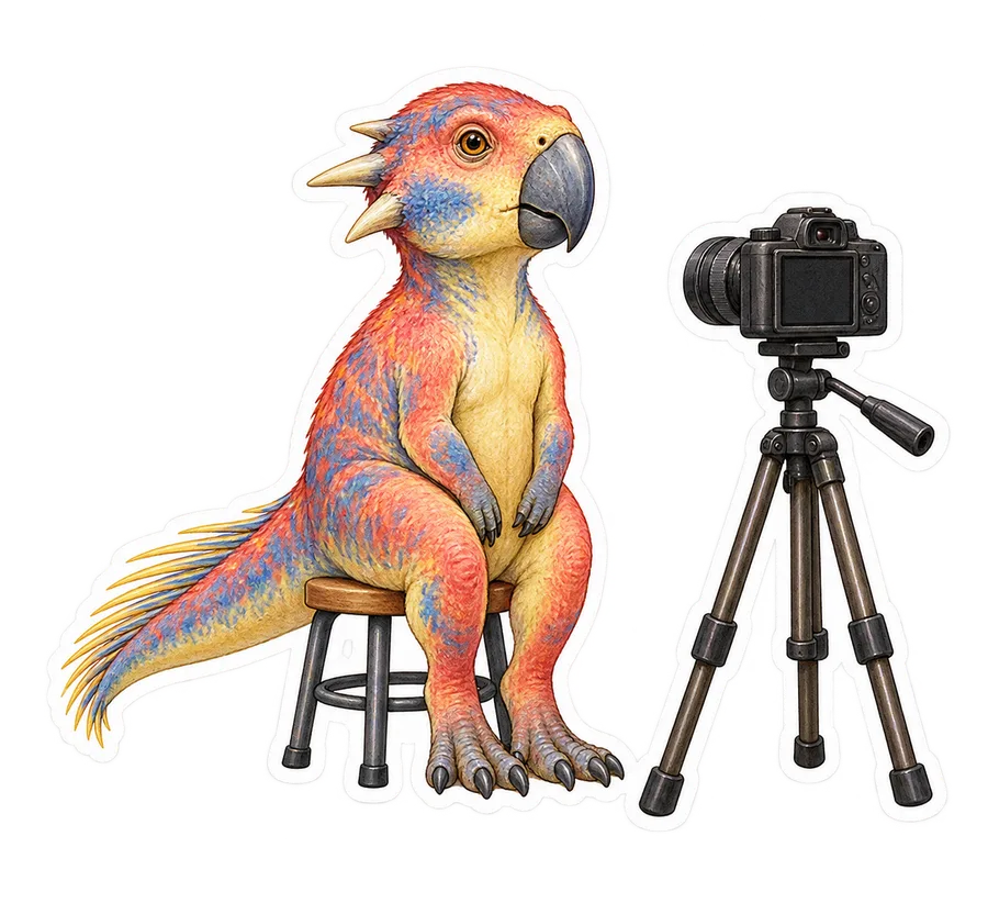 Psittacosaurus — Sitting unnaturally straight on a little stool for a dinosaur sticker, Storybook collection