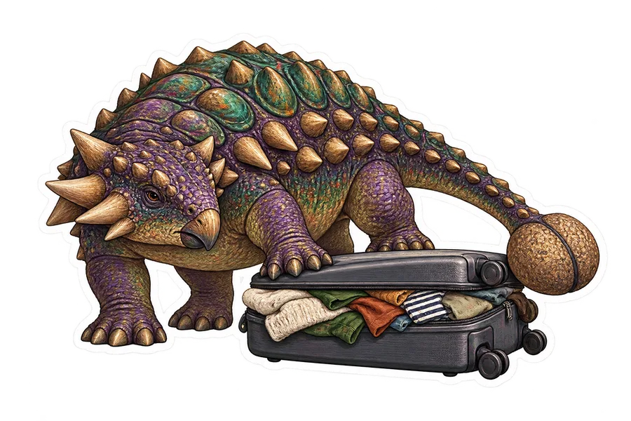 Euoplocephalus — Trying to zip an overstuffed carry-on suitcase on the floor dinosaur sticker, Storybook collection