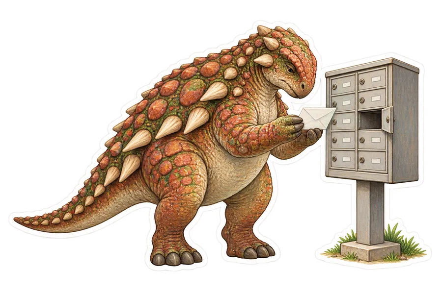 Nodosaurus — Checking a small bank of apartment mailboxes and finding dinosaur sticker, Storybook collection