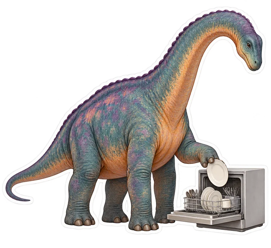 Dreadnoughtus — Unloading a compact dishwasher dinosaur sticker, Storybook collection
