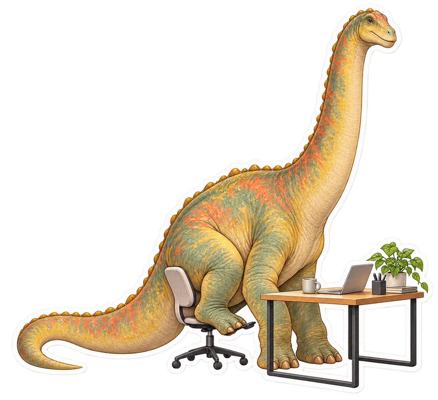 Argentinosaurus — Trying to sit in a tiny adjustable office chair at a dinosaur sticker, Storybook collection