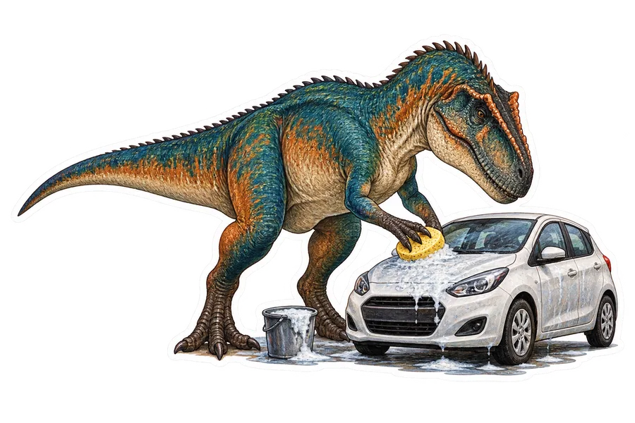 Giganotosaurus — Washing a small hatchback car with one sponge and a bucket dinosaur sticker, Storybook collection