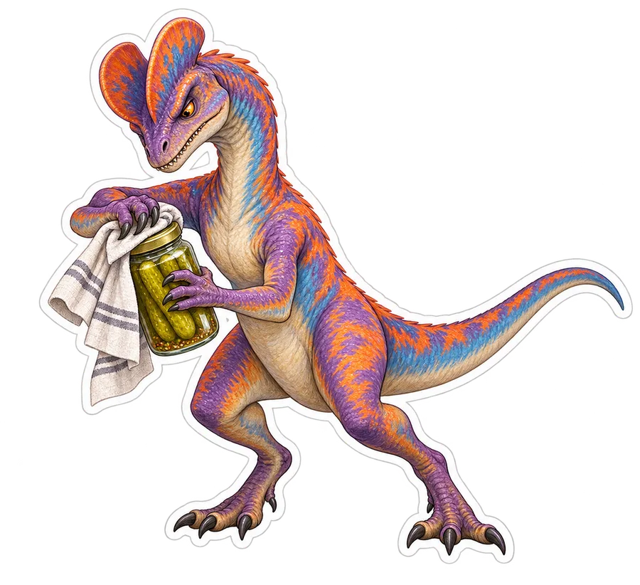 Dilophosaurus — Struggling to open an ordinary stubborn pickle jar with a dinosaur sticker, Storybook collection