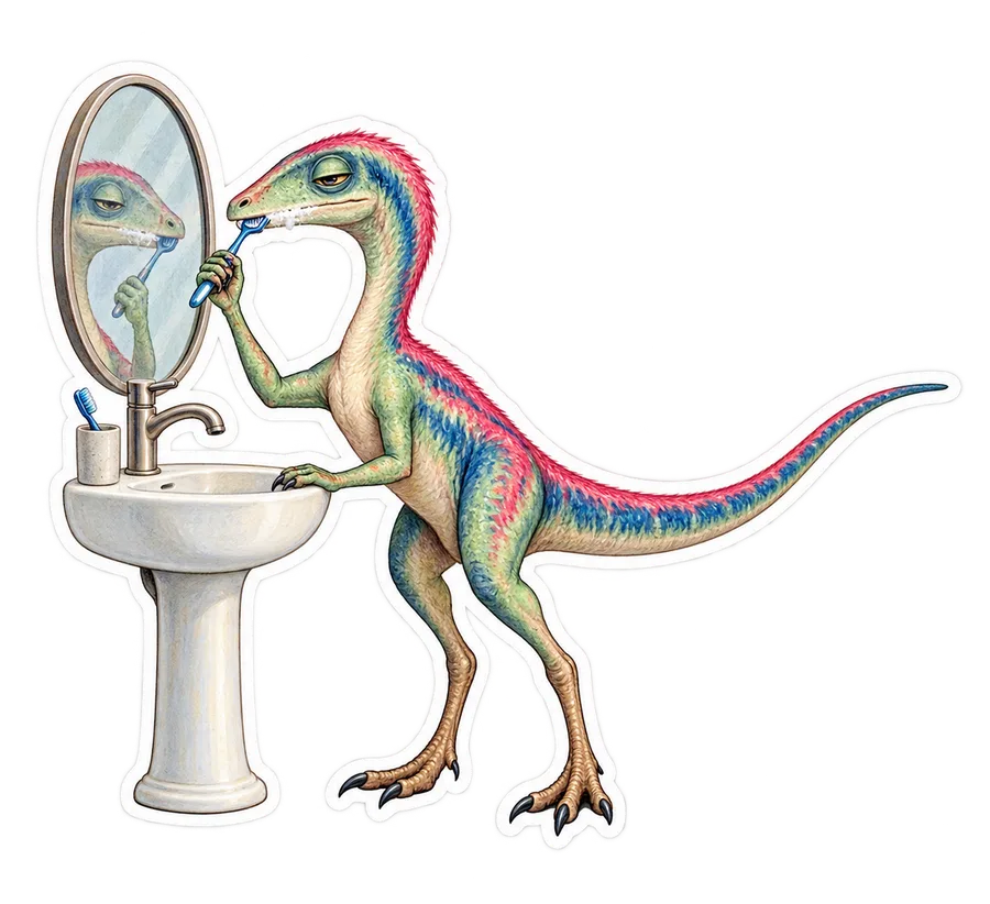 Coelophysis — Sleepily brushing its teeth at a tiny freestanding dinosaur sticker, Storybook collection