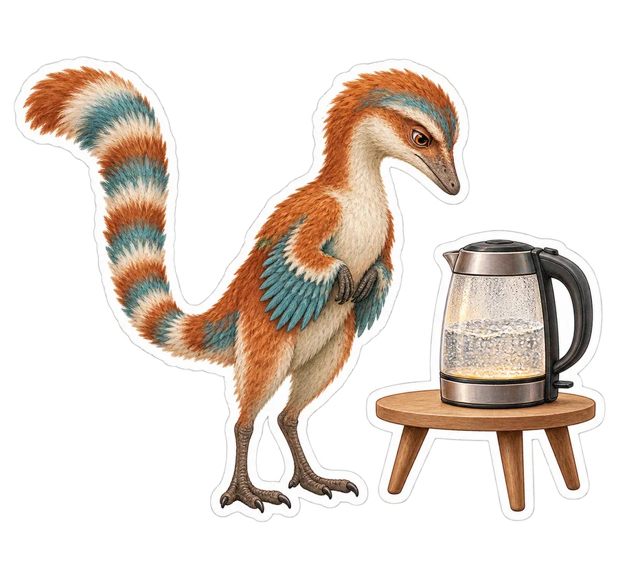 Sinosauropteryx — Standing by a compact electric kettle waiting for the dinosaur sticker, Storybook collection