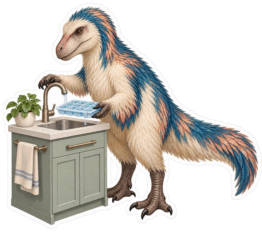 Yutyrannus — Carefully filling a small ice-cube tray at a compact dinosaur sticker, Storybook collection